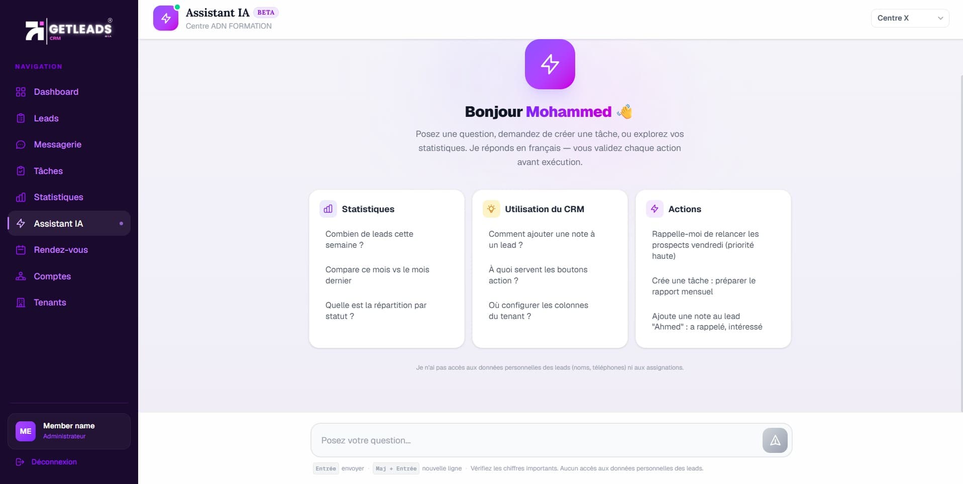 Assistant IA agentique du CRM GetLeads permettant de créer des tâches, des notes, gérer les rendez-vous et discuter en équipe